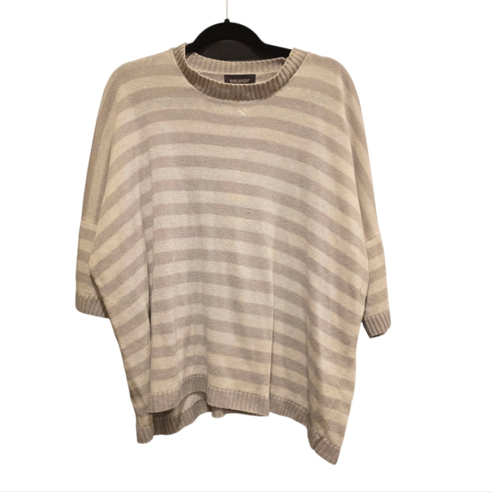 ESKANDAR‎ 100% Linen Tan Striped Poncho Pullover Sweater Top